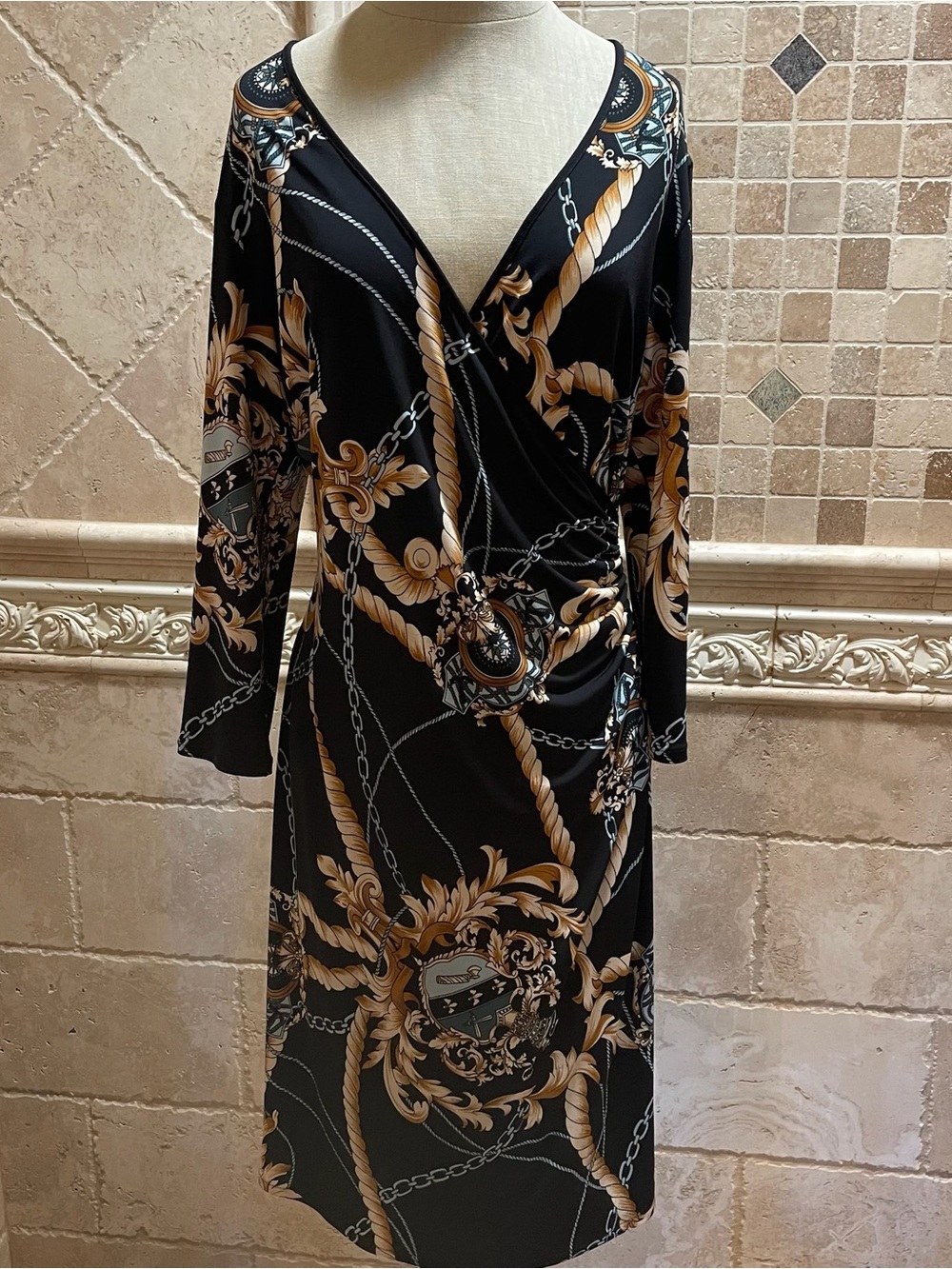Eva Varro black baroque chain print faux wrap dress